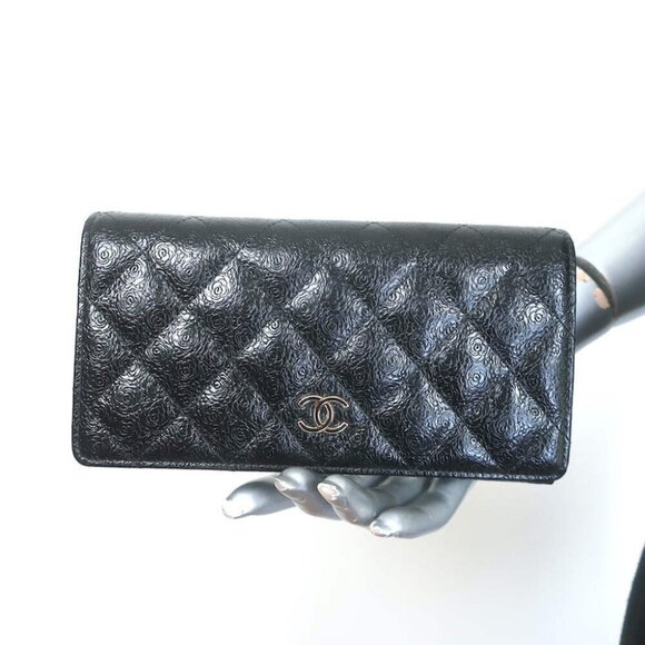 Chanel Handbags - Chanel Camellia-Embossed Quilted Leather L Yen Continental Wallet Black